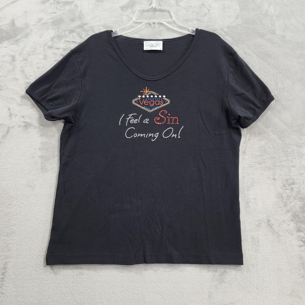 Cactus Bay Shirt Womens L Black Las Vegas I Feel A Sin Coming On Rhinestone Tee